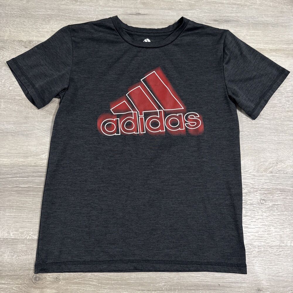 Adidas Shirt Boys Medium 10/12 Black Red Logo Short Sleeve Polyester Tee